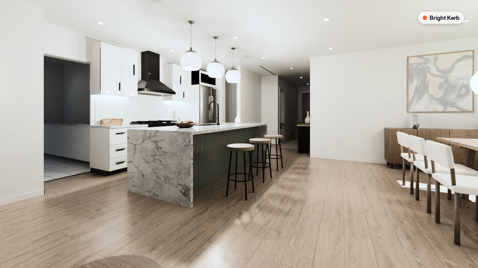 Photoreal render of an open-plan kitchen and dining area
