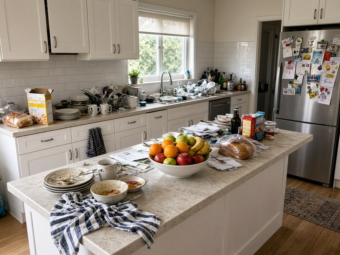 Cluttered kitchen as photographed, with dishes and items on every bench