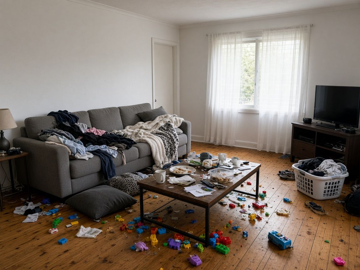 Messy living room as photographed, with clothes, toys and dishes everywhere
