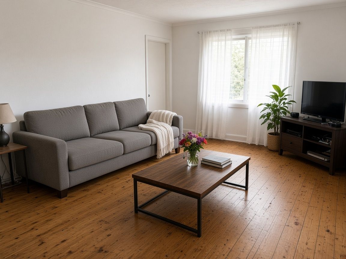 The same living room after Option 1: clutter removed, same furniture
