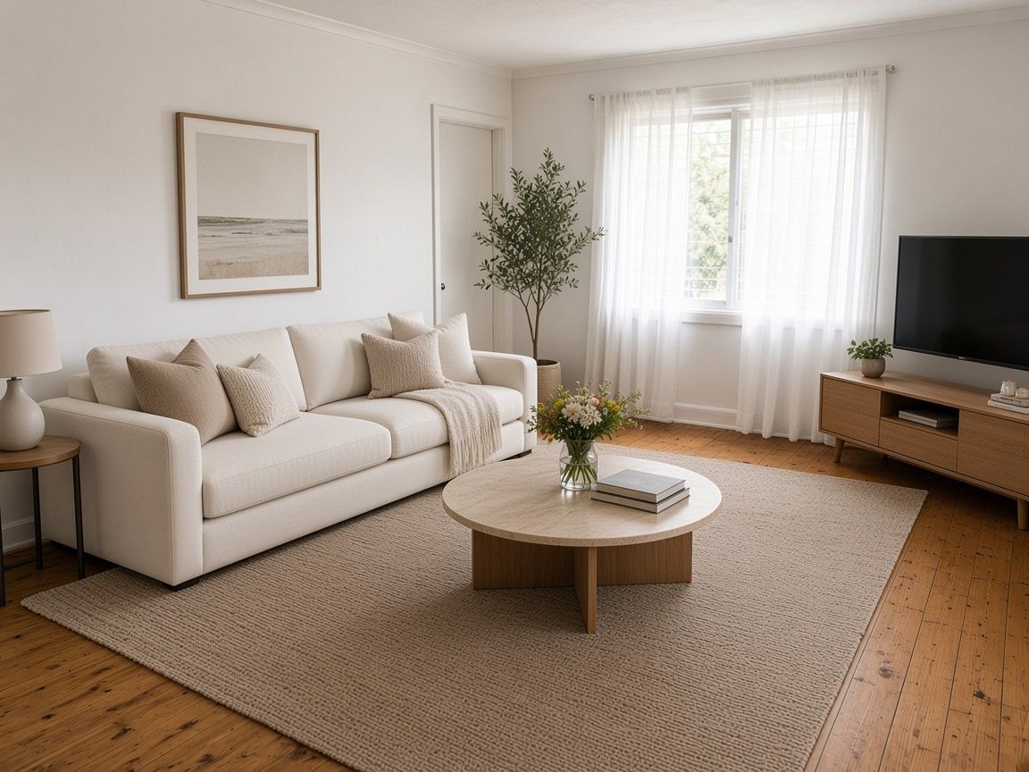 The same living room after Option 2: decluttered with a new sofa, rug, coffee table and art