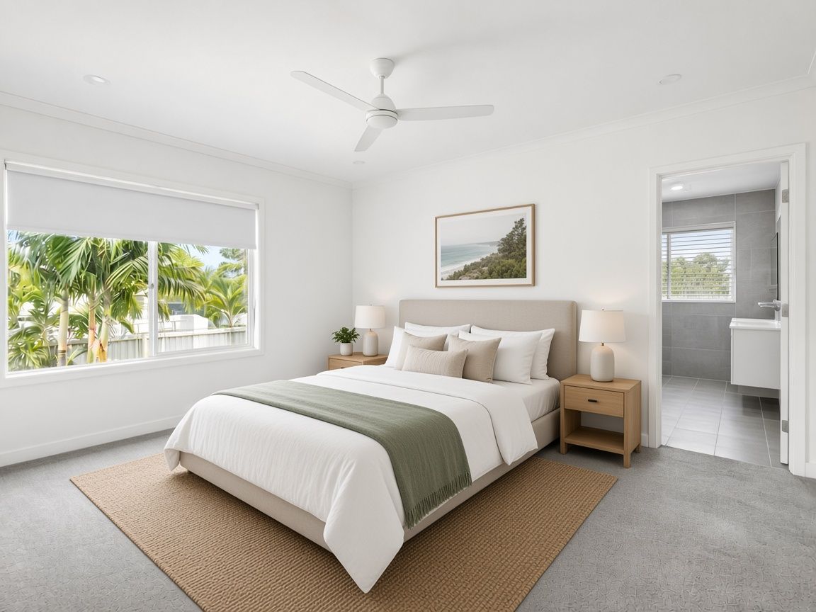 Bedroom after virtual staging, with bed, bedside tables and lamps